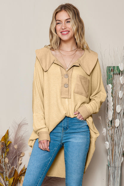 Apricot Waffle Pocket Seam Patchwork Loose Knit Top