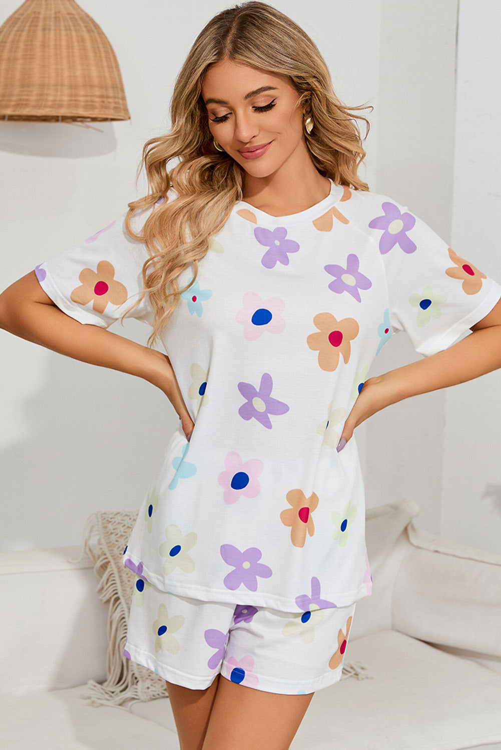 White Flower Print Short Sleeve High Waist Two Piece Shorts Set