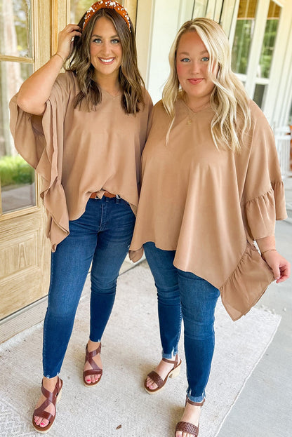 Smoke Gray Plus Size Ruffled Batwing Sleeve V Neck Blouse