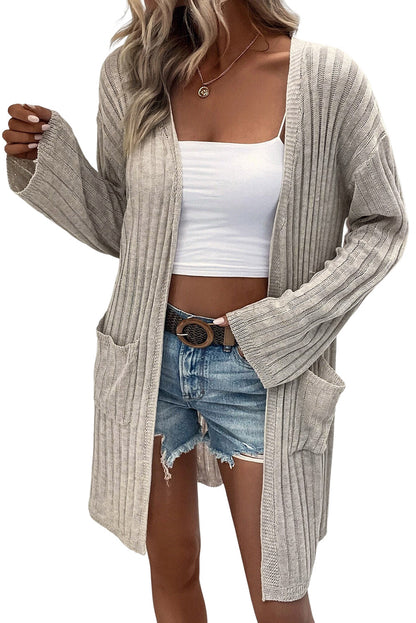 Gray Pocketed Rib Knit Open Front Cardigan