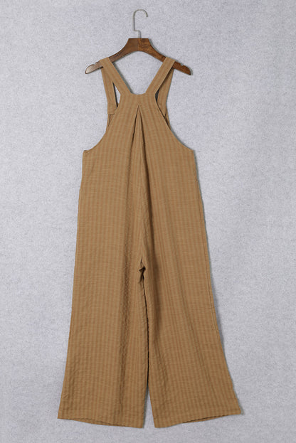 Brown Striped Pleated Pockets Wide Leg Jumpsuit