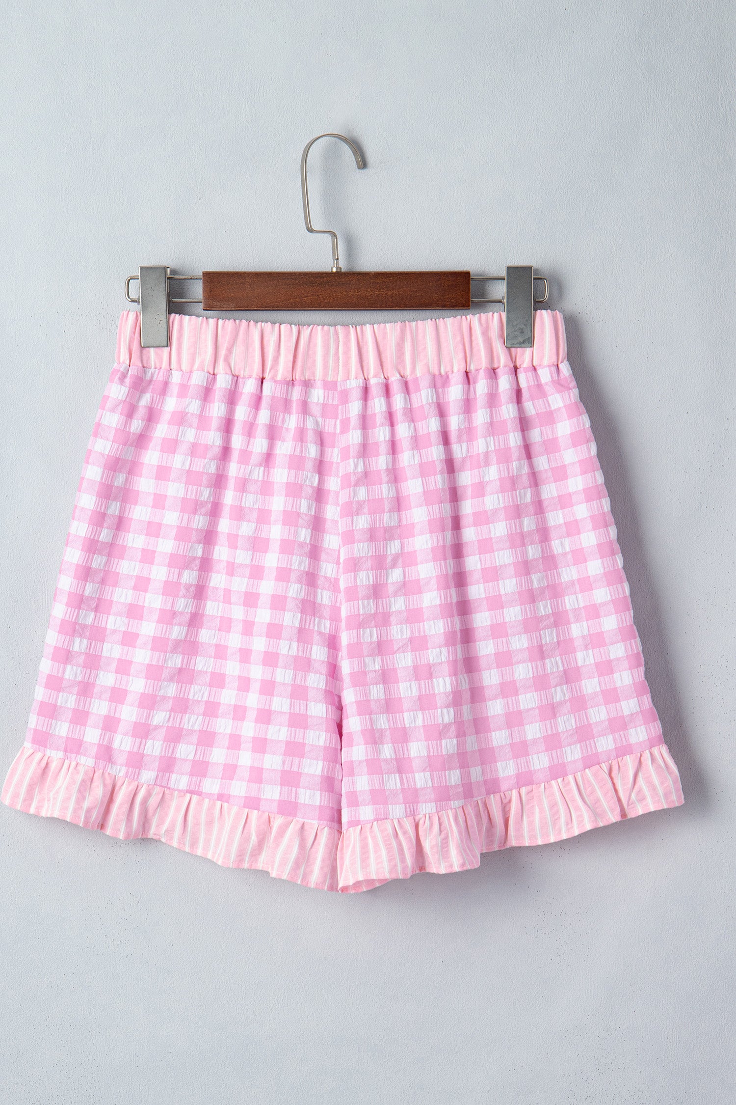 Sky Blue Gingham Print Ruffle Striped Detail Lace Tie Shorts