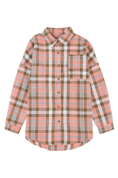 Pink Drop Shoulder Rounded Hem Plaid Pattern Shirt