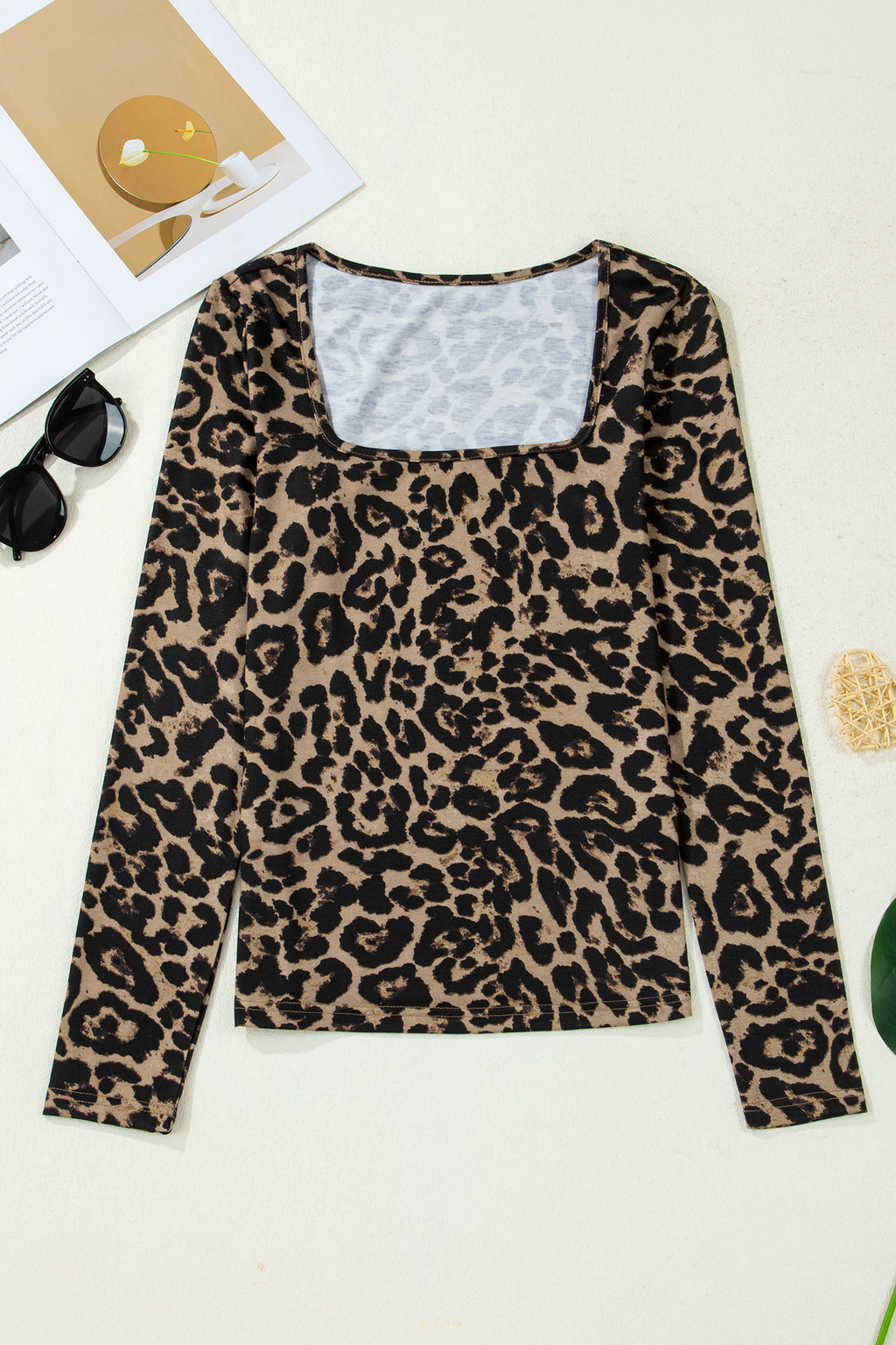 Black Leopard/Floral Print Slim Long Sleeve T Shirt