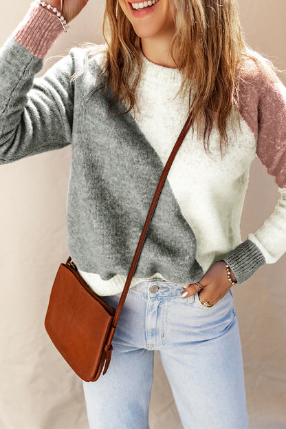 Multicolor Colorblock Ribbed Trim Round Neck Sweater