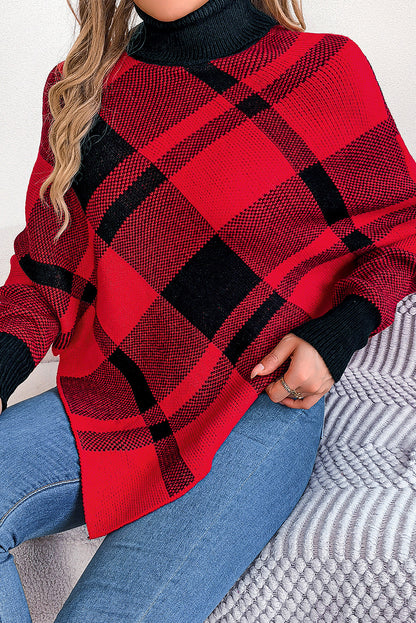 Racing Red Plaid Batwing Sleeve Turtle Neck Sweater