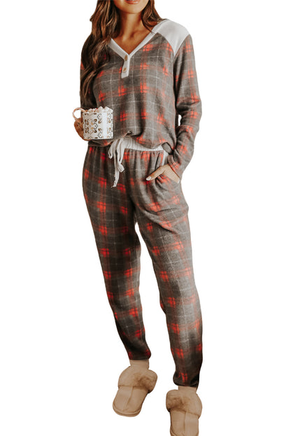 Grey Plaid Button V Neck Top & Drawstring Pants Loungewear Set