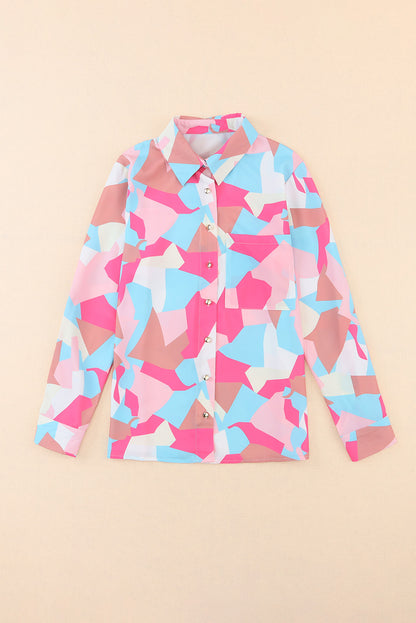 Geometric Block Printed Roll Tab Sleeve Shirt