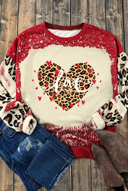 Red love Leopard Bleached Heart Graphic Sweatshirt