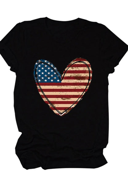 Black American Flag Heart Shape Graphic Round Neck Tee