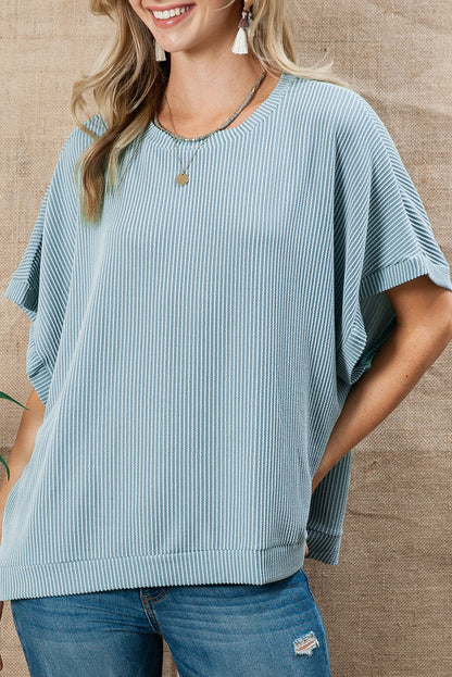 Sky Blue Plain Ribbed Knit Batwing Sleeve Tunic Oversized T Shirt