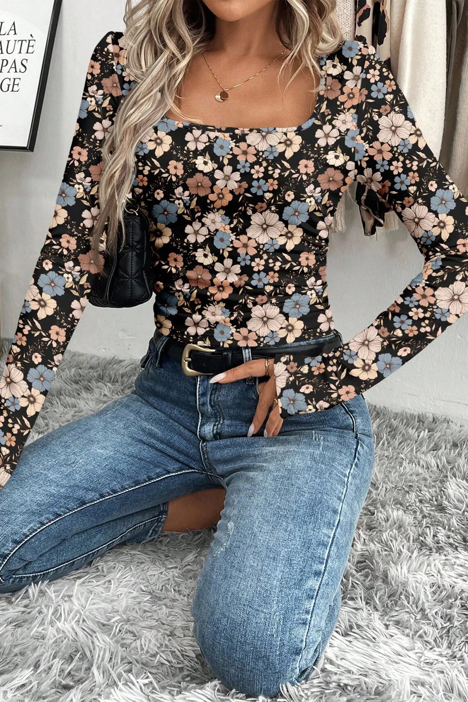 Black Leopard/Floral Print Slim Long Sleeve T Shirt
