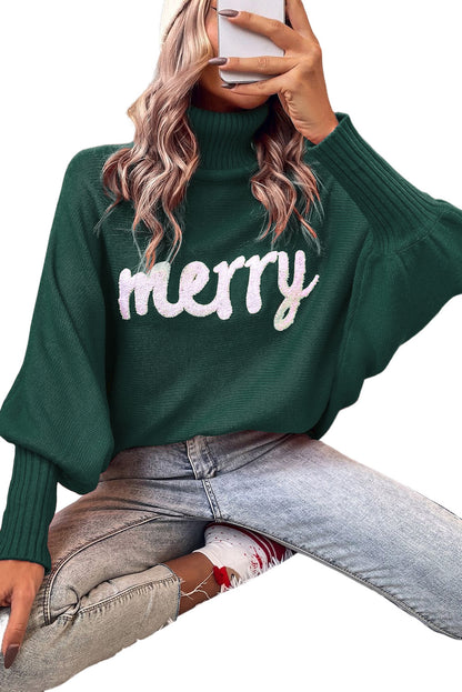 Green Turtle Neck Batwing Sleeve Merry Christmas Sweater