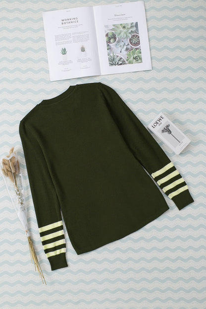 Rose Casual Crew Neck Striped Sleeve Knit Sweater