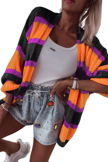 Orange Stripe Print Ribbed Knit Sweater Cardigan