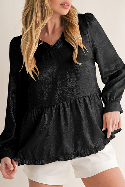 Gold Metallic Velvet Frill V Neck Puff Sleeve Babydoll Blouse