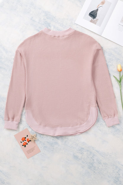 Pink Waffle Knit Crew Neck Casual Long Sleeve Top