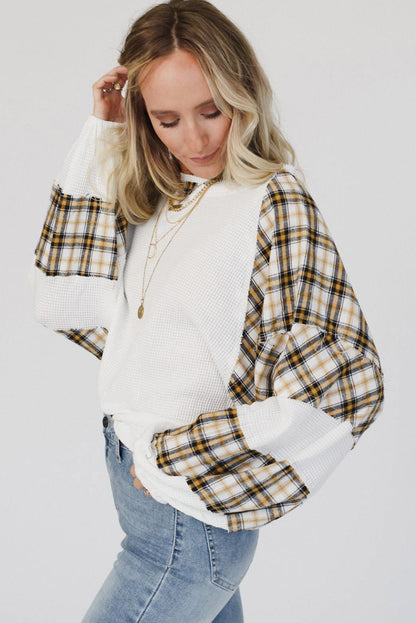 Green Plaid Patch Waffle Knit Long Sleeve Top