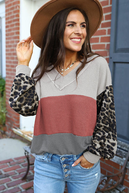 Leopard Print Color Block V Neck Waffle Knit Long Sleeve Top