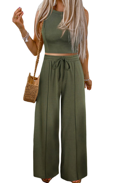 Jungle Green Solid Cropped Tank Top and Wide Leg Pants Set