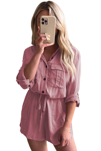 Pink Roll-up Sleeve Flap Pockets Drawstring Romper