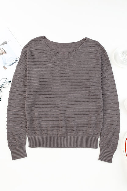 Gray Textured Knit Round Neck Dolman Sleeve Sweater