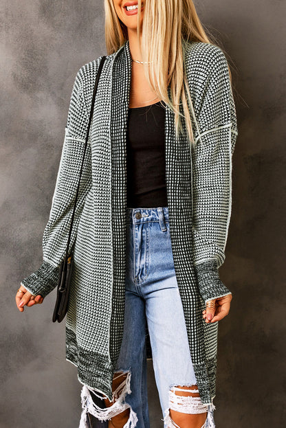 Rose Plaid Contrast Trim Casual Knit Long Cardigan