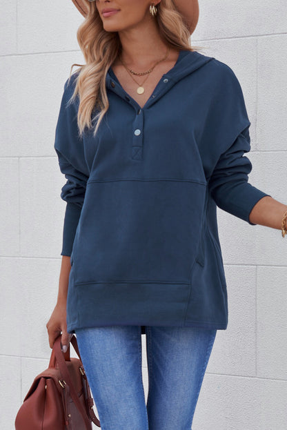 Light Blue Casual Batwing Sleeve Pocket Henley Hoodie