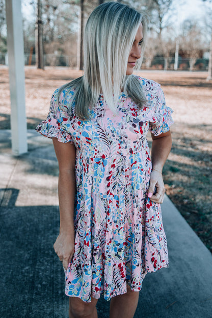 Pink Abstract Print Boho Tiered Ruffled Short Dress