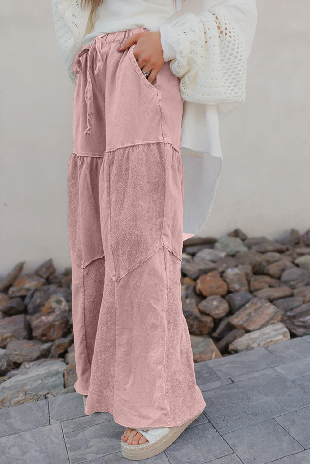 Vineyard Green Mineral Wash Tiered Wide Leg Patchwork Drawstring Pants