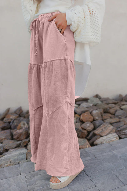Vineyard Green Mineral Wash Tiered Wide Leg Patchwork Drawstring Pants