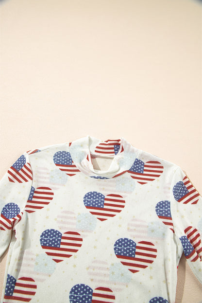 White Heart USA Flag Print Glitter Mesh Bodysuit