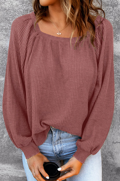 Apricot Waffle Texture Square Neck Pullover Top