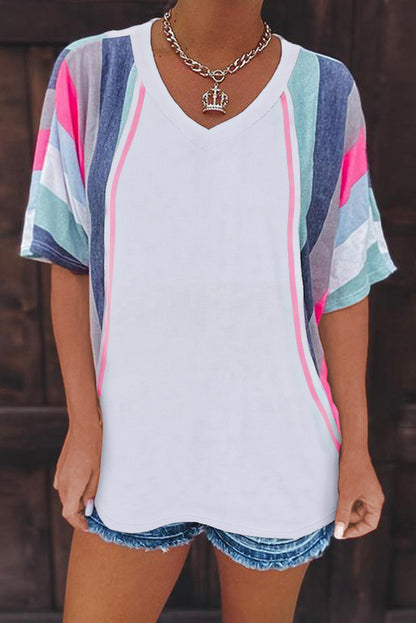 Pink Stripe Patchwork V Neck T Shirt