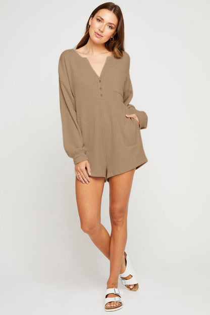 Khaki Casual Henley Button V Neck Pocketed Romper