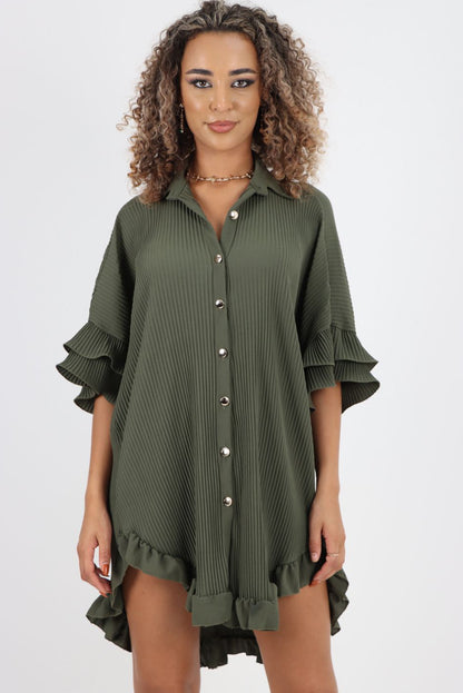 Moss Green Pleated Ruffle Sleeve Oversized Shirt Dress