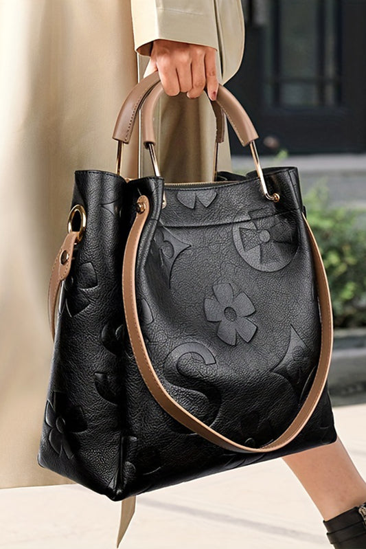 Black Leather Vintage Embossed Shoulder Bag with Handle