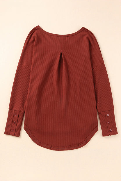 Red Waffle Knit Patchwork Casual Long Sleeve Top