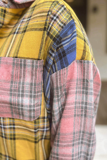 Multicolor Plaid Colorblock Raw Hem Shacket