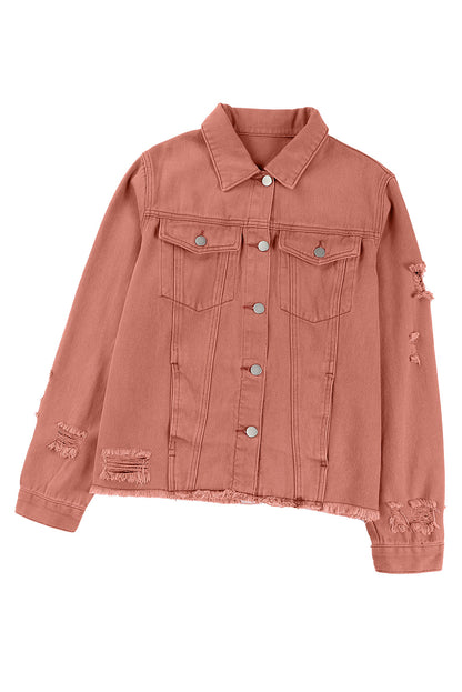 Red Distressed Raw Hem Pocket Buttons Denim Jacket