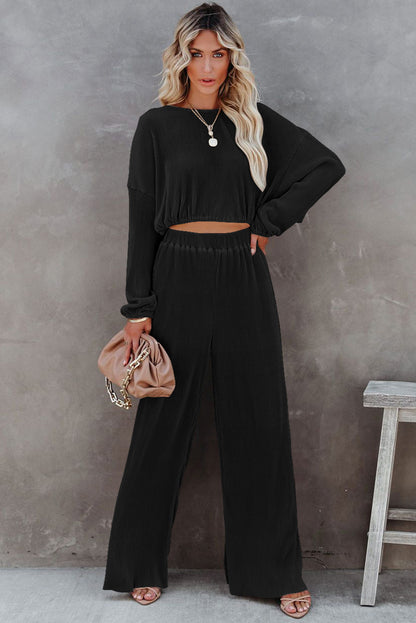 Black Corded Cropped Pullover and Wide Leg Pants Set