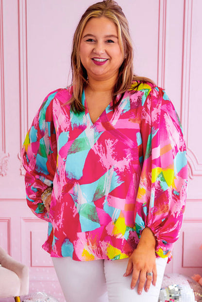 Plus Size Graffiti Print Split Neck Puff Sleeve Blouse