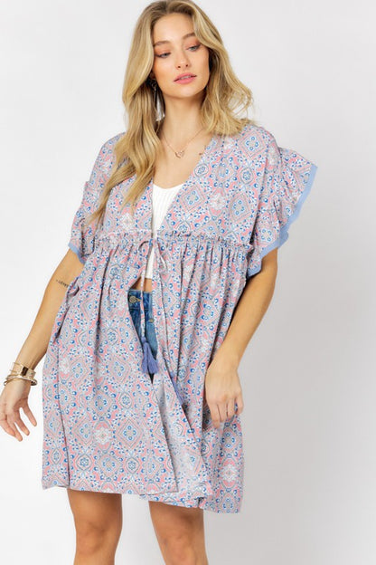 PRINTED SHORT SLEEVE RUFFLE KIMONO