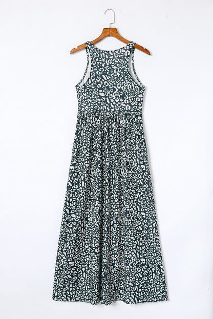 Sleeveless Floor Length Leopard Print Dress with Pockets