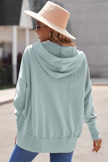 Light Blue Casual Batwing Sleeve Pocket Henley Hoodie