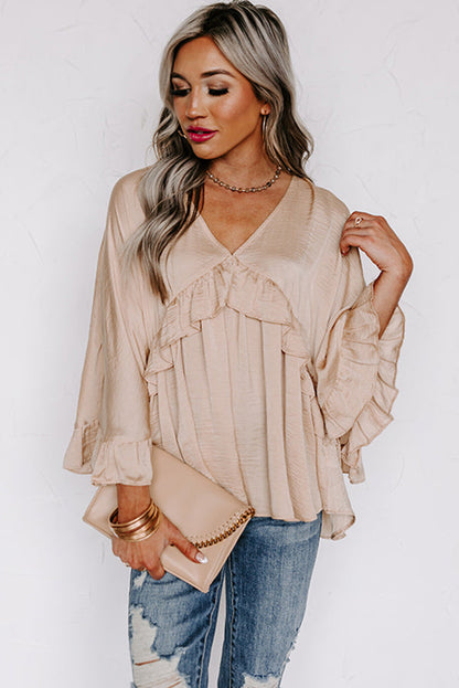 V Neck Draped Batwing Sleeve Ruffle Top