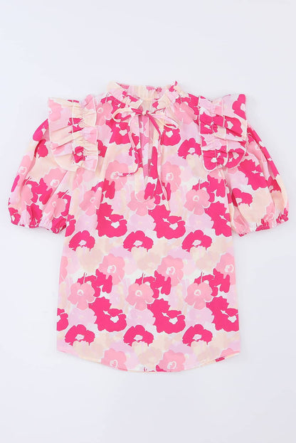 Pink Split Neck Ruffled Puff Sleeves Floral Top