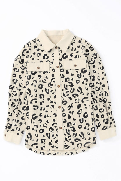 Pink Leopard Collared Neckline Flap Pockets Corduroy Jacket