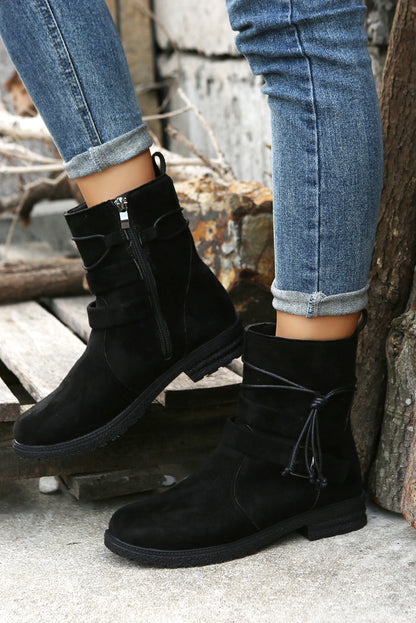 Black Faux Suede Zip Up Buckle Straps Ankle Boots