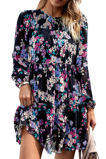 Black Boho Floral Long Sleeve Tiered Mini Dress